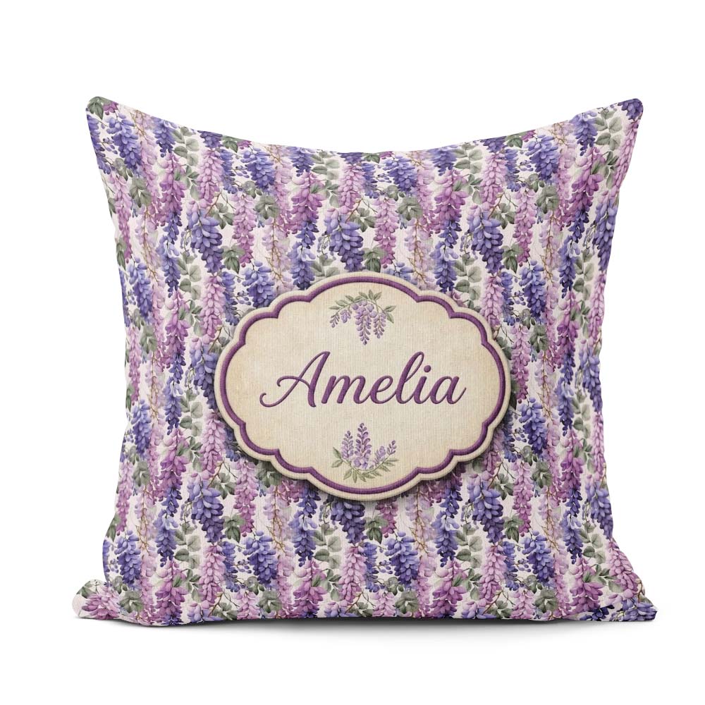 Custom Name Pastel Purple Wisteria Blooms with Delicate Seamless Square Filled Cushion Throw Pillow Sofa Bed Home Decor Zip Washable UK Made