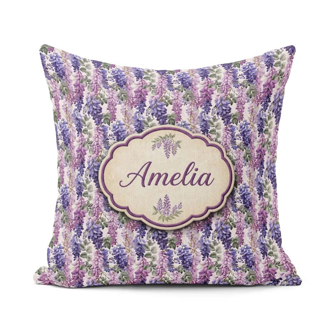 Custom Name Pastel Purple Wisteria Blooms with Delicate Seamless Square Filled Cushion Throw Pillow Sofa Bed Home Decor Zip Washable UK Made
