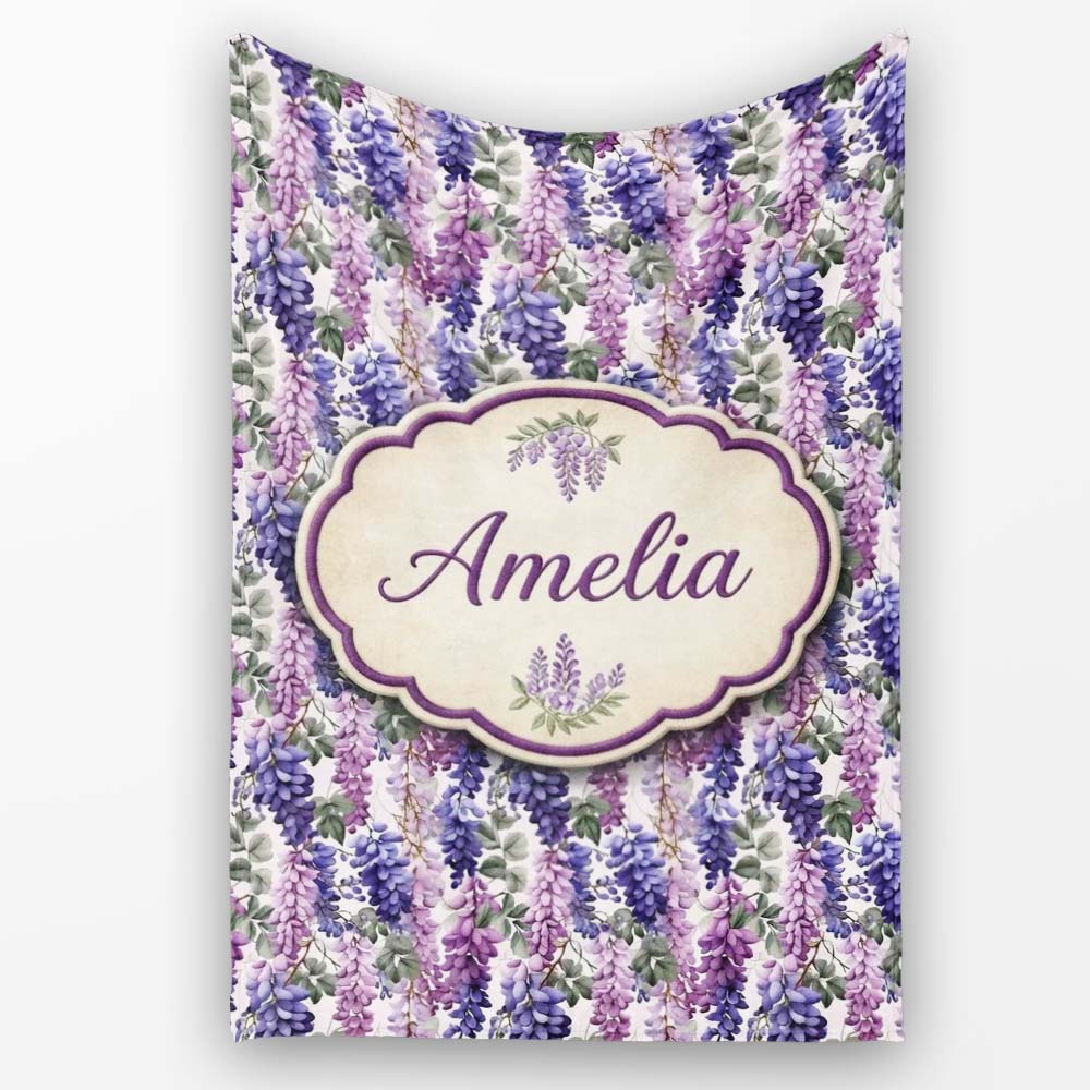 Pastel Purple Wisteria Blooms with Delicate Leaves Seamless Pattern  Personalised Custom Name Super Soft Fleece Blanket Bed Sofa Throw