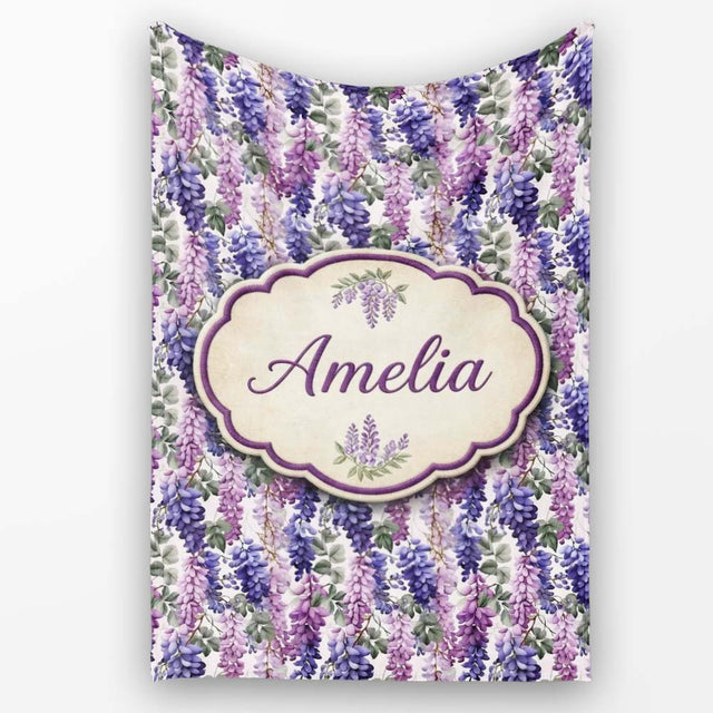 Pastel Purple Wisteria Blooms with Delicate Leaves Seamless Pattern  Personalised Custom Name Super Soft Fleece Blanket Bed Sofa Throw
