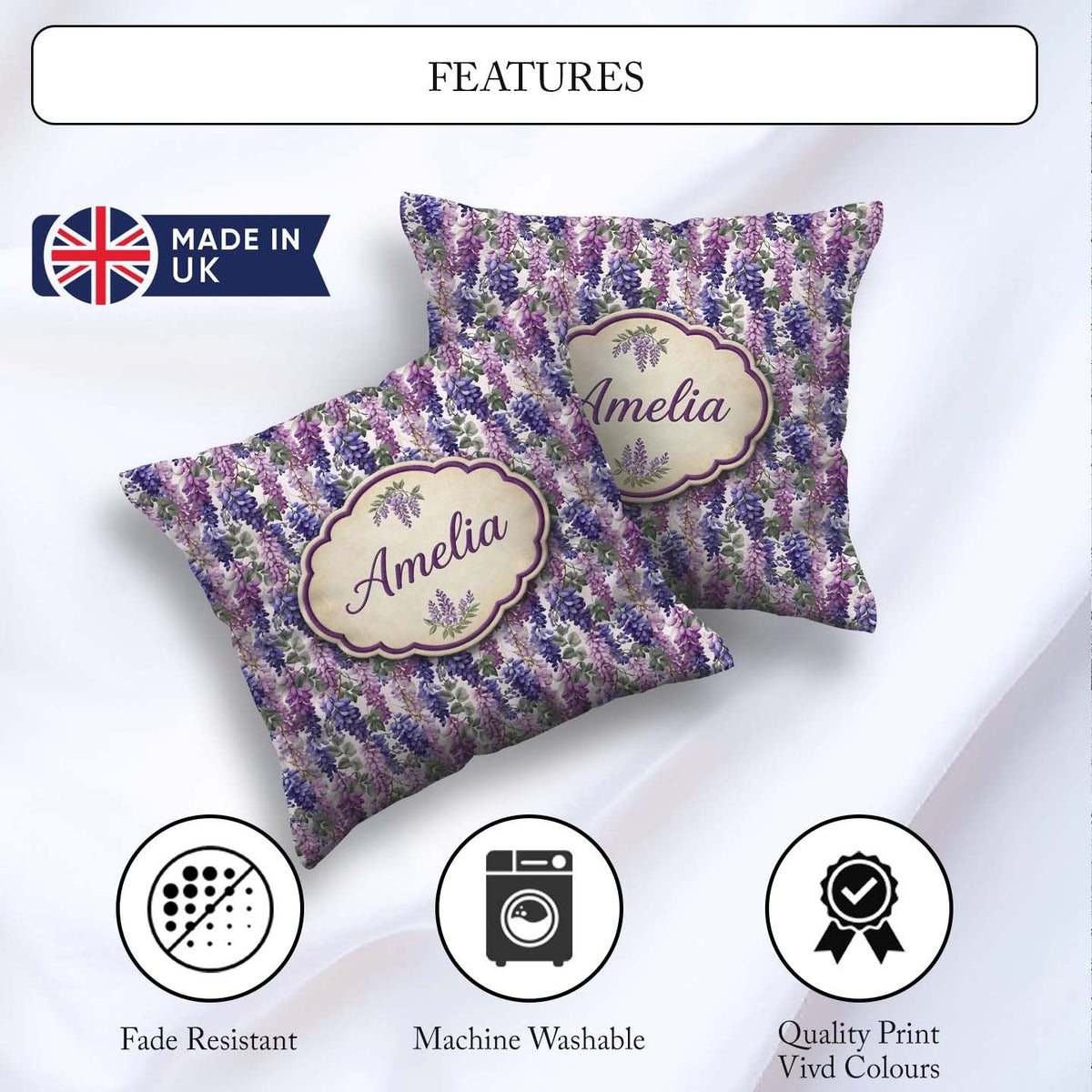 Custom Name Pastel Purple Wisteria Blooms with Delicate Seamless Square Filled Cushion Throw Pillow Sofa Bed Home Decor Zip Washable UK Made