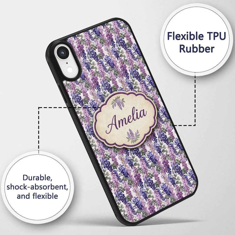 Pastel Purple Wisteria Blooms with Printed Design Custom Name Protective Phone Case Mobile Cover Durable Everyday Smartphone Shock Resistant