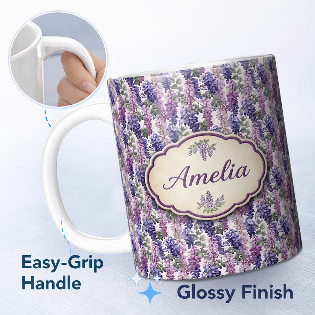 Personalized Custom Name Pastel Purple Wisteria Blooms with Delicate Leaves Seamless Pattern 11oz Ceramic Coffee Tea Mug White Large Handle