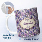 Personalized Custom Name Pastel Purple Wisteria Blooms with Delicate Leaves Seamless Pattern 11oz Ceramic Coffee Tea Mug White Large Handle