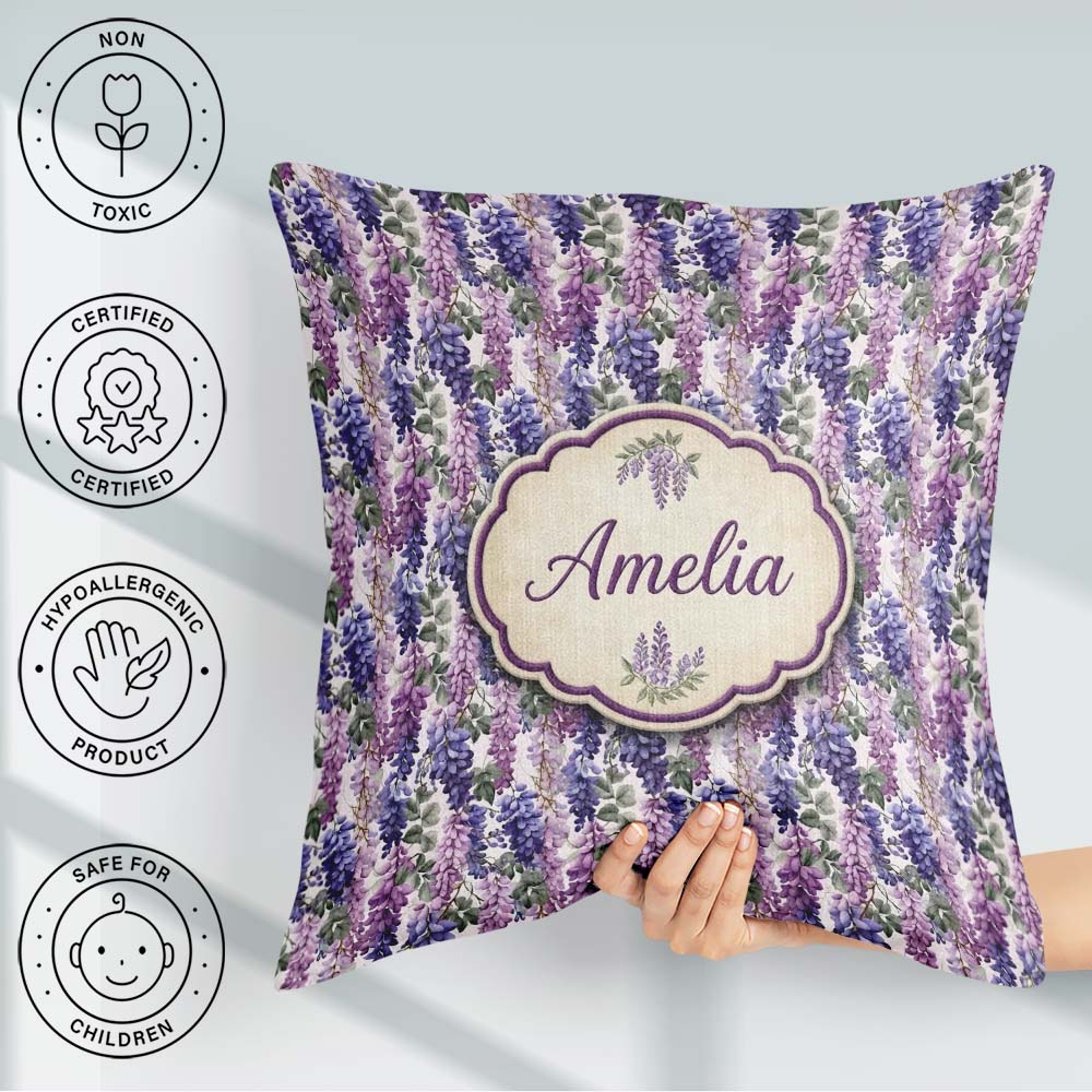 Custom Name Pastel Purple Wisteria Blooms with Delicate Seamless Square Filled Cushion Throw Pillow Sofa Bed Home Decor Zip Washable UK Made