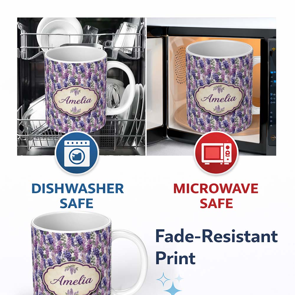 Personalized Custom Name Pastel Purple Wisteria Blooms with Delicate Leaves Seamless Pattern 11oz Ceramic Coffee Tea Mug White Large Handle