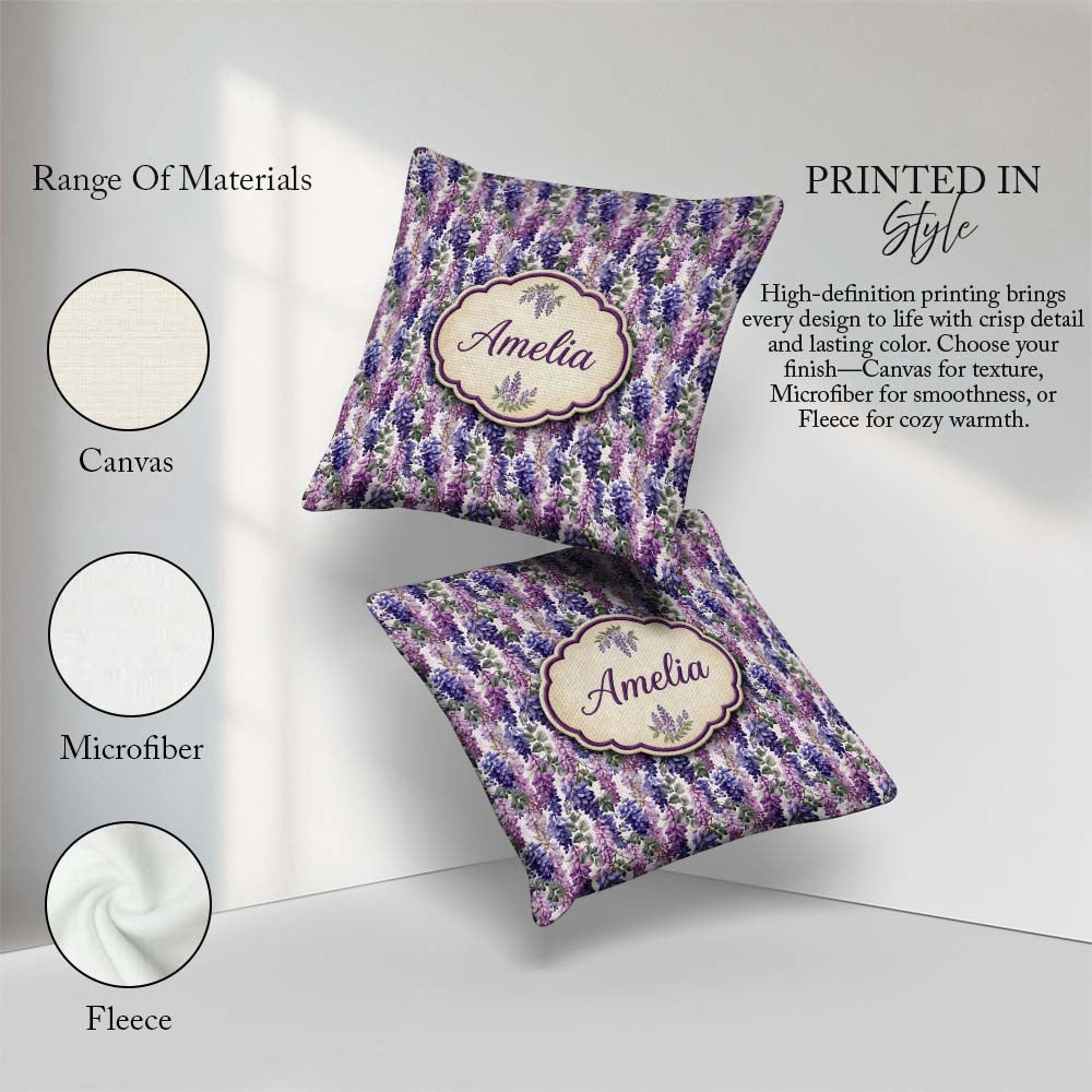 Custom Name Pastel Purple Wisteria Blooms with Delicate Seamless Square Filled Cushion Throw Pillow Sofa Bed Home Decor Zip Washable UK Made