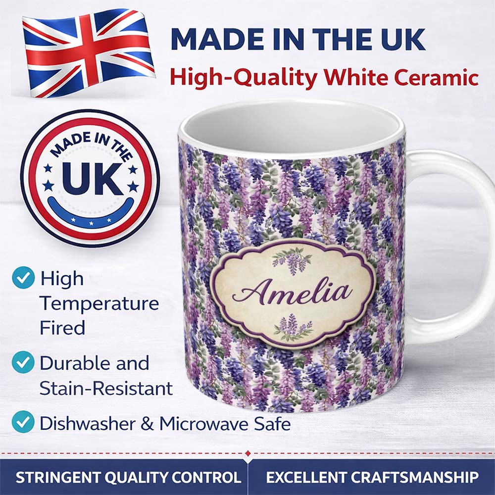 Personalized Custom Name Pastel Purple Wisteria Blooms with Delicate Leaves Seamless Pattern 11oz Ceramic Coffee Tea Mug White Large Handle