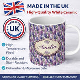 Personalized Custom Name Pastel Purple Wisteria Blooms with Delicate Leaves Seamless Pattern 11oz Ceramic Coffee Tea Mug White Large Handle