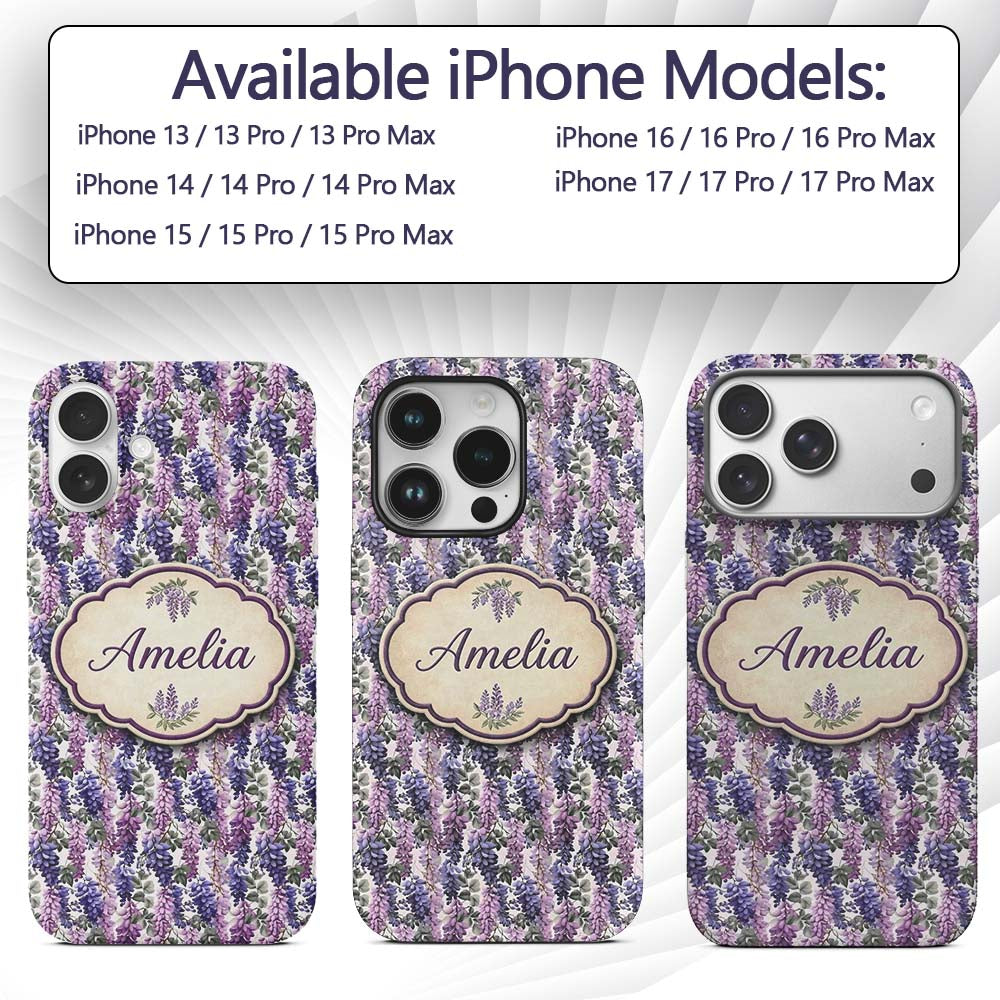 Pastel Purple Wisteria Blooms with Printed Design Custom Name Protective Phone Case Mobile Cover Durable Everyday Smartphone Shock Resistant