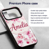 Watercolor Cherry Bow Ribbon Pink Gingham Picnic Custom Name Protective Phone Case Mobile Cover Durable Everyday Smartphone Shock Resistant