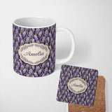 Personalized Custom Name Purple Wisteria Vine Clusters with Natural Green Leaves Seamless 11oz Ceramic Coffee Tea Mug White Large Handle