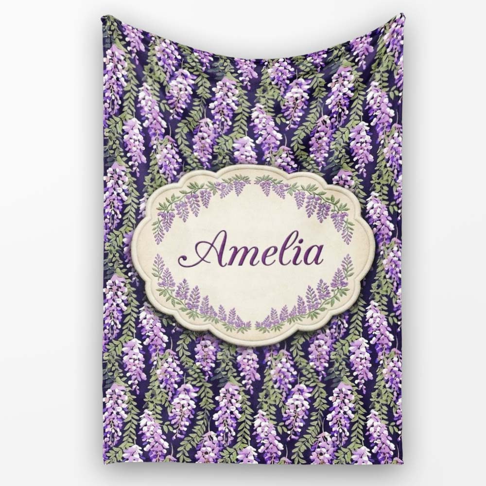 Purple Wisteria Vine Clusters with Natural Green Leaves Seamless  Personalised Custom Name Super Soft Fleece Blanket Bed Sofa Throw