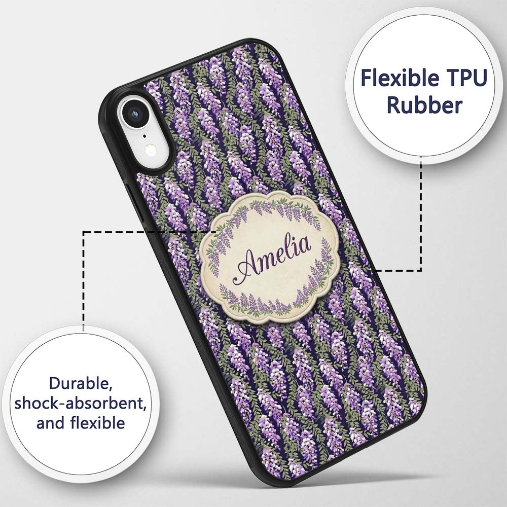 Purple Wisteria Vine Clusters with Natural Green Custom Name Protective Phone Case Mobile Cover Durable Everyday Smartphone Shock Resistant