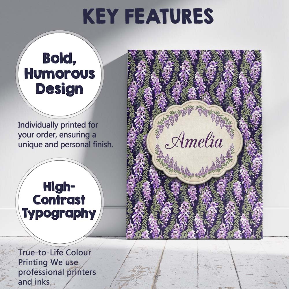 Personalised Name Purple Wisteria Vine Custom  Modern Room Accent Elegant Feature Canvas Wall Art Print Decor Picture Ready to Hang