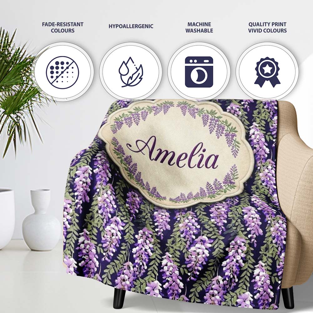 Purple Wisteria Vine Clusters with Natural Green Leaves Seamless  Personalised Custom Name Super Soft Fleece Blanket Bed Sofa Throw