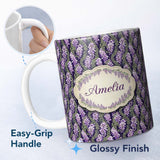 Personalized Custom Name Purple Wisteria Vine Clusters with Natural Green Leaves Seamless 11oz Ceramic Coffee Tea Mug White Large Handle