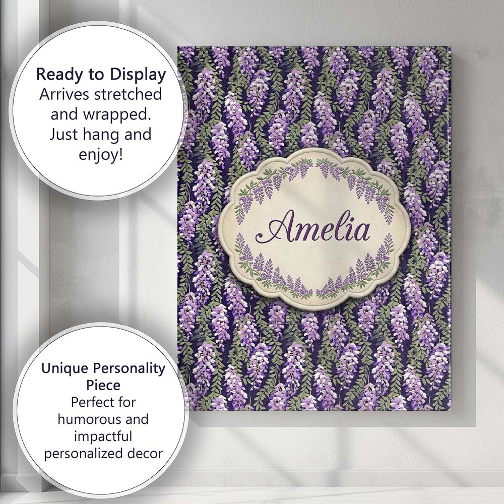 Personalised Name Purple Wisteria Vine Custom  Modern Room Accent Elegant Feature Canvas Wall Art Print Decor Picture Ready to Hang