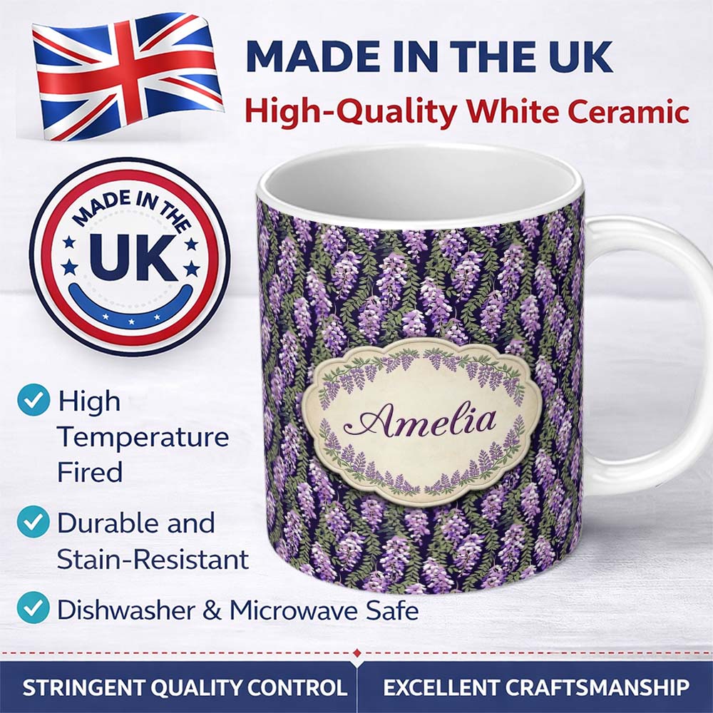 Personalized Custom Name Purple Wisteria Vine Clusters with Natural Green Leaves Seamless 11oz Ceramic Coffee Tea Mug White Large Handle