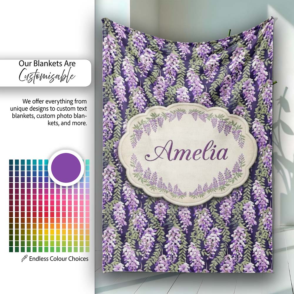 Purple Wisteria Vine Clusters with Natural Green Leaves Seamless  Personalised Custom Name Super Soft Fleece Blanket Bed Sofa Throw