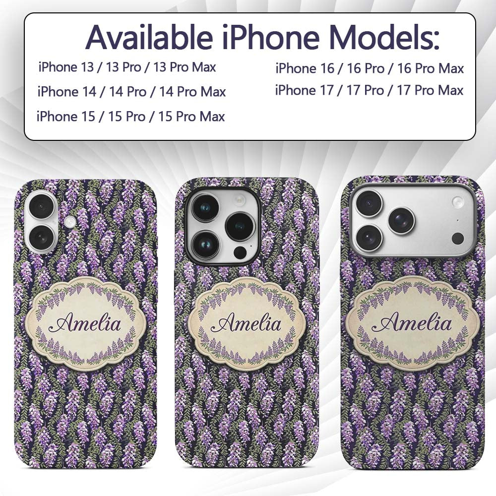 Purple Wisteria Vine Clusters with Natural Green Custom Name Protective Phone Case Mobile Cover Durable Everyday Smartphone Shock Resistant
