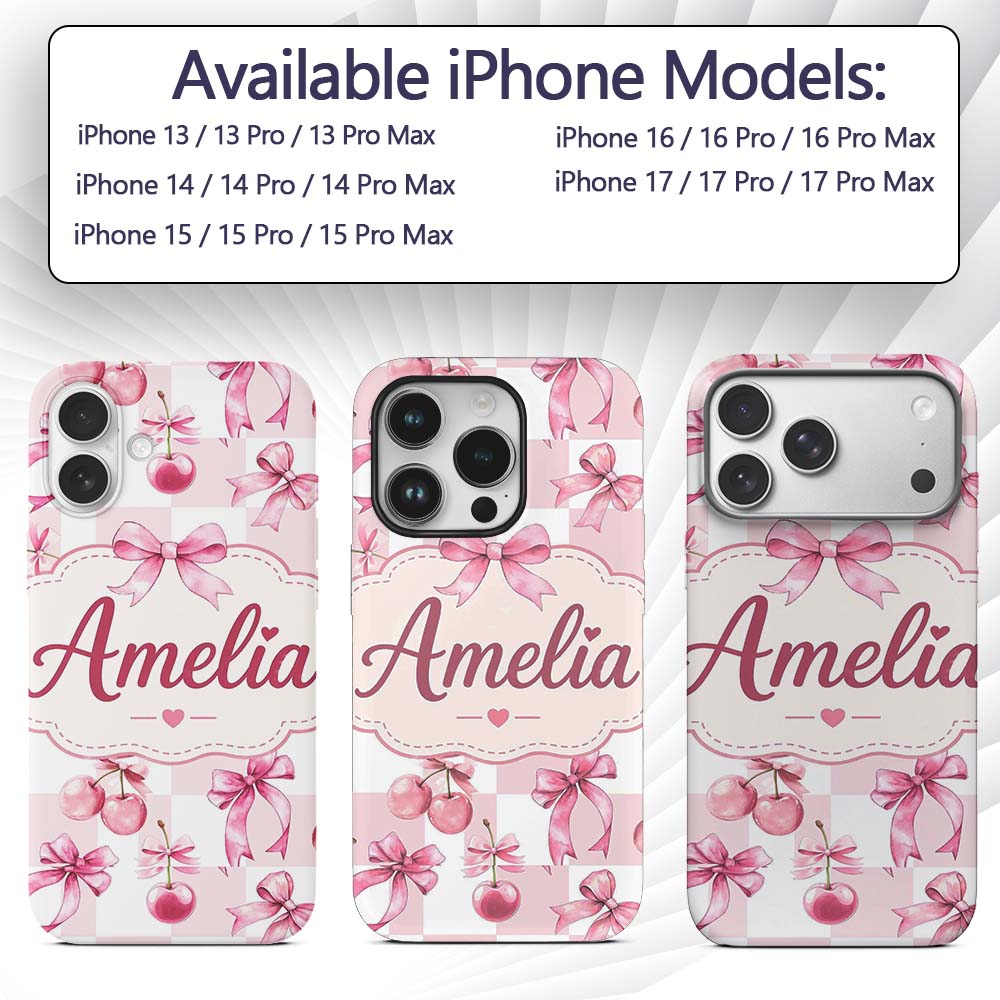 Watercolor Cherry Bow Ribbon Pink Gingham Picnic Custom Name Protective Phone Case Mobile Cover Durable Everyday Smartphone Shock Resistant