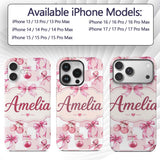 Watercolor Cherry Bow Ribbon Pink Gingham Picnic Custom Name Protective Phone Case Mobile Cover Durable Everyday Smartphone Shock Resistant