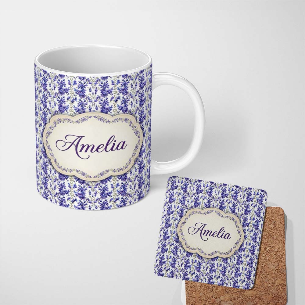 Personalized Custom Name Light Blue Floral Botanical Clusters on Soft Background Seamless 11oz Ceramic Coffee Tea Mug White Large Handle