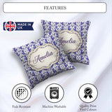Custom Name Light Blue Floral Botanical Clusters Soft Background Square Filled Cushion Throw Pillow Sofa Bed Home Decor Zip Washable UK Made