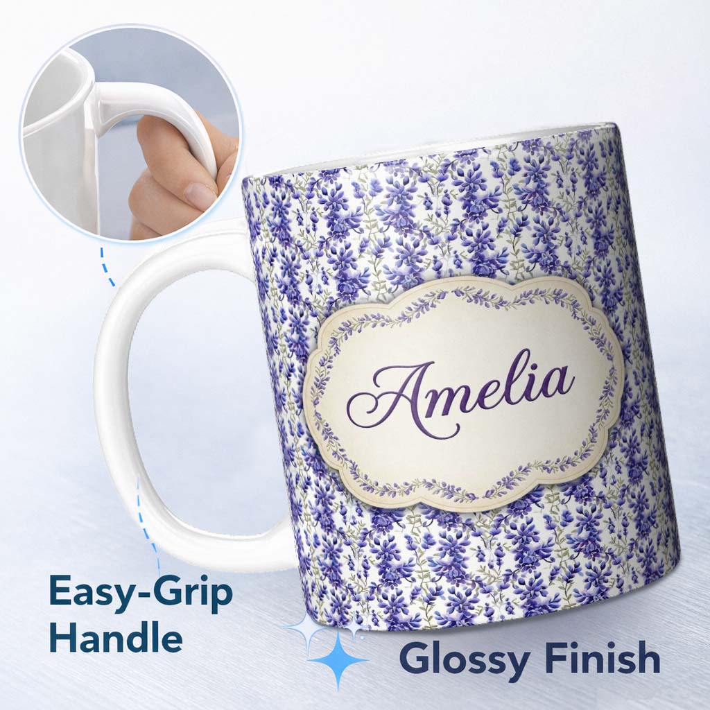 Personalized Custom Name Light Blue Floral Botanical Clusters on Soft Background Seamless 11oz Ceramic Coffee Tea Mug White Large Handle
