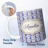 Personalized Custom Name Light Blue Floral Botanical Clusters on Soft Background Seamless 11oz Ceramic Coffee Tea Mug White Large Handle