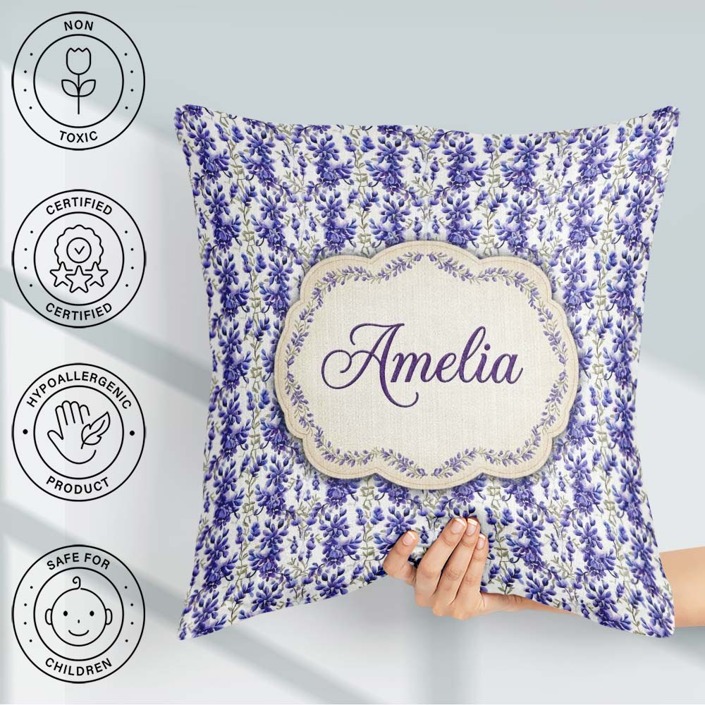 Custom Name Light Blue Floral Botanical Clusters Soft Background Square Filled Cushion Throw Pillow Sofa Bed Home Decor Zip Washable UK Made