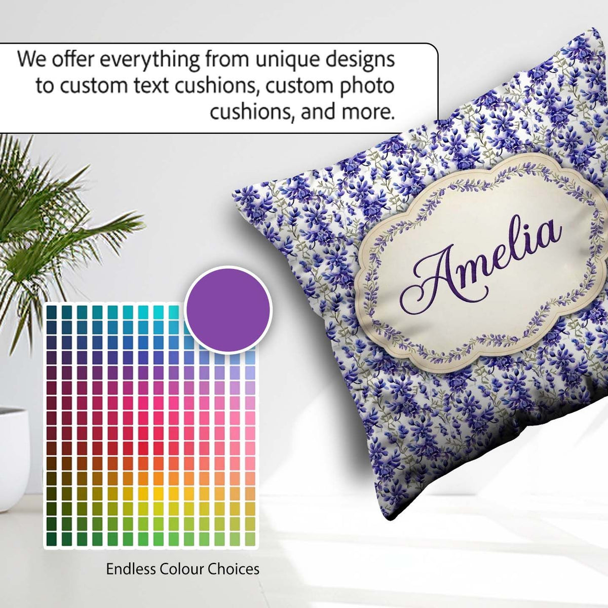 Custom Name Light Blue Floral Botanical Clusters Soft Background Square Filled Cushion Throw Pillow Sofa Bed Home Decor Zip Washable UK Made