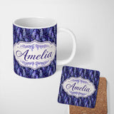 Personalized Custom Name Deep Blue Wisteria Inspired Hanging Florals Seamless Pattern Name 11oz Ceramic Coffee Tea Mug White Large Handle