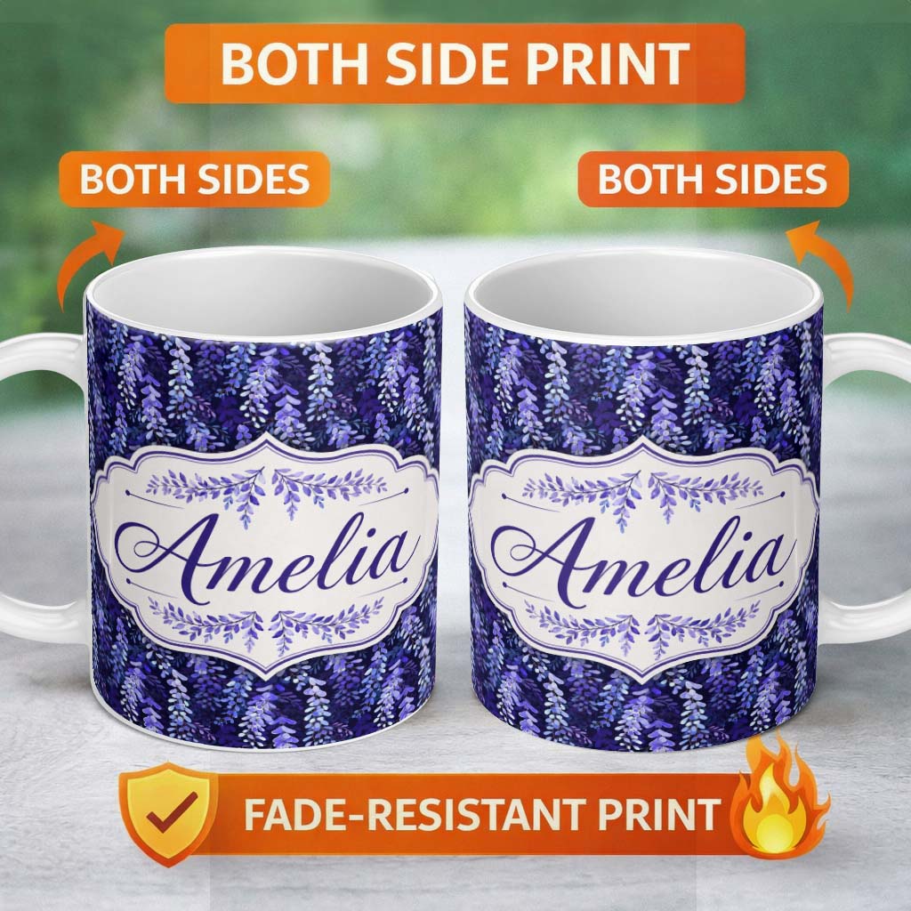Personalized Custom Name Deep Blue Wisteria Inspired Hanging Florals Seamless Pattern Name 11oz Ceramic Coffee Tea Mug White Large Handle