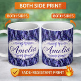 Personalized Custom Name Deep Blue Wisteria Inspired Hanging Florals Seamless Pattern Name 11oz Ceramic Coffee Tea Mug White Large Handle