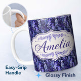 Personalized Custom Name Deep Blue Wisteria Inspired Hanging Florals Seamless Pattern Name 11oz Ceramic Coffee Tea Mug White Large Handle