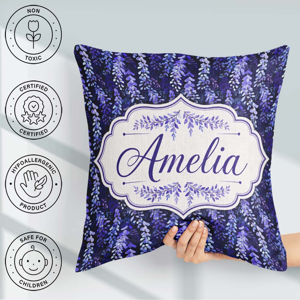 Custom Name Deep Blue Wisteria Inspired Hanging Florals Seamless Square Filled Cushion Throw Pillow Sofa Bed Home Decor Zip Washable UK Made