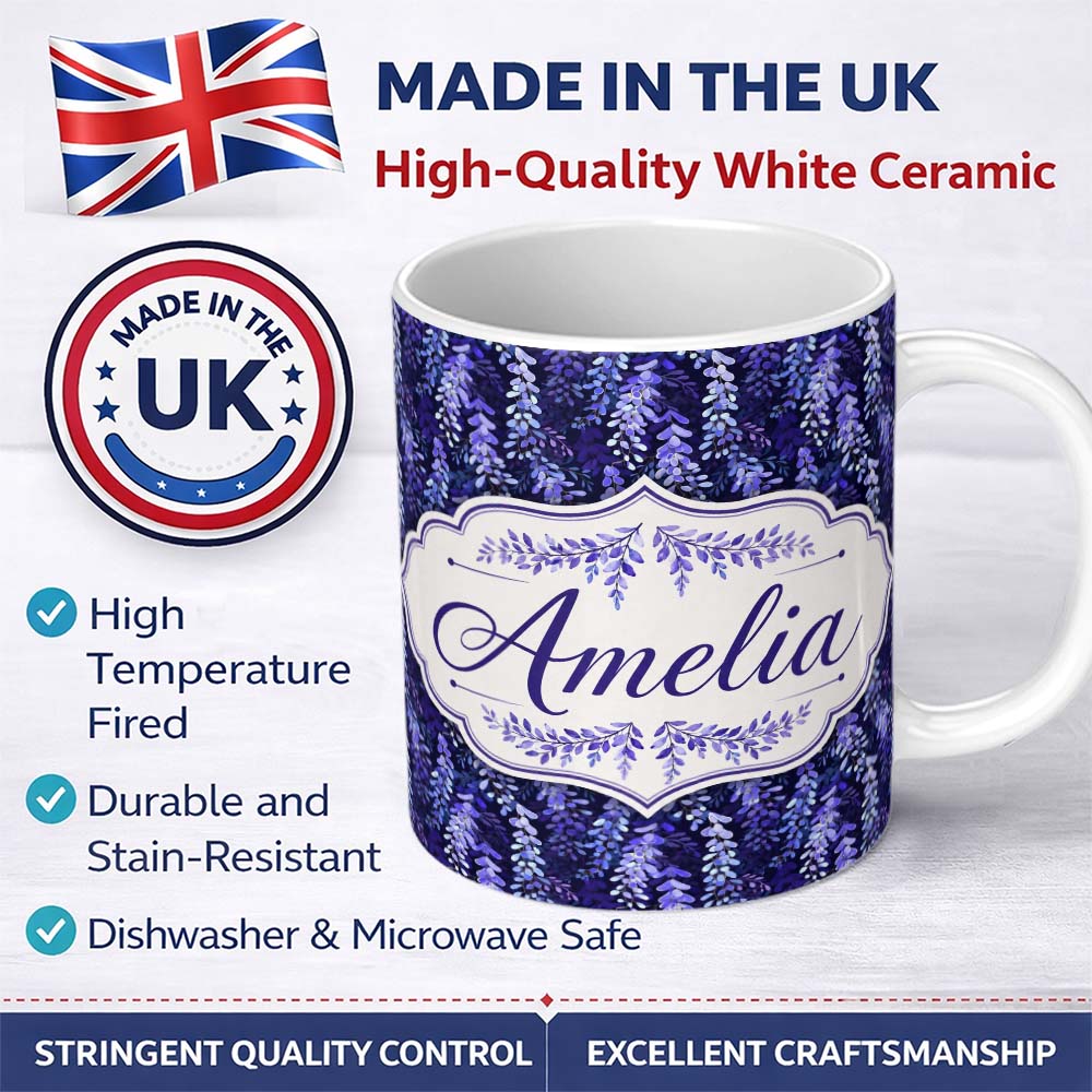 Personalized Custom Name Deep Blue Wisteria Inspired Hanging Florals Seamless Pattern Name 11oz Ceramic Coffee Tea Mug White Large Handle
