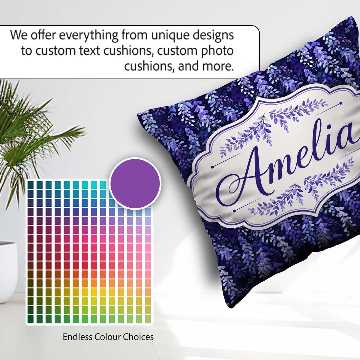 Custom Name Deep Blue Wisteria Inspired Hanging Florals Seamless Square Filled Cushion Throw Pillow Sofa Bed Home Decor Zip Washable UK Made