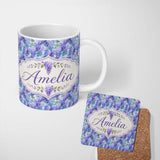 Personalized Custom Name Soft Blue Background Purple Wisteria Floral Cascading Blossoms 11oz Ceramic Coffee Tea Mug White Large Handle