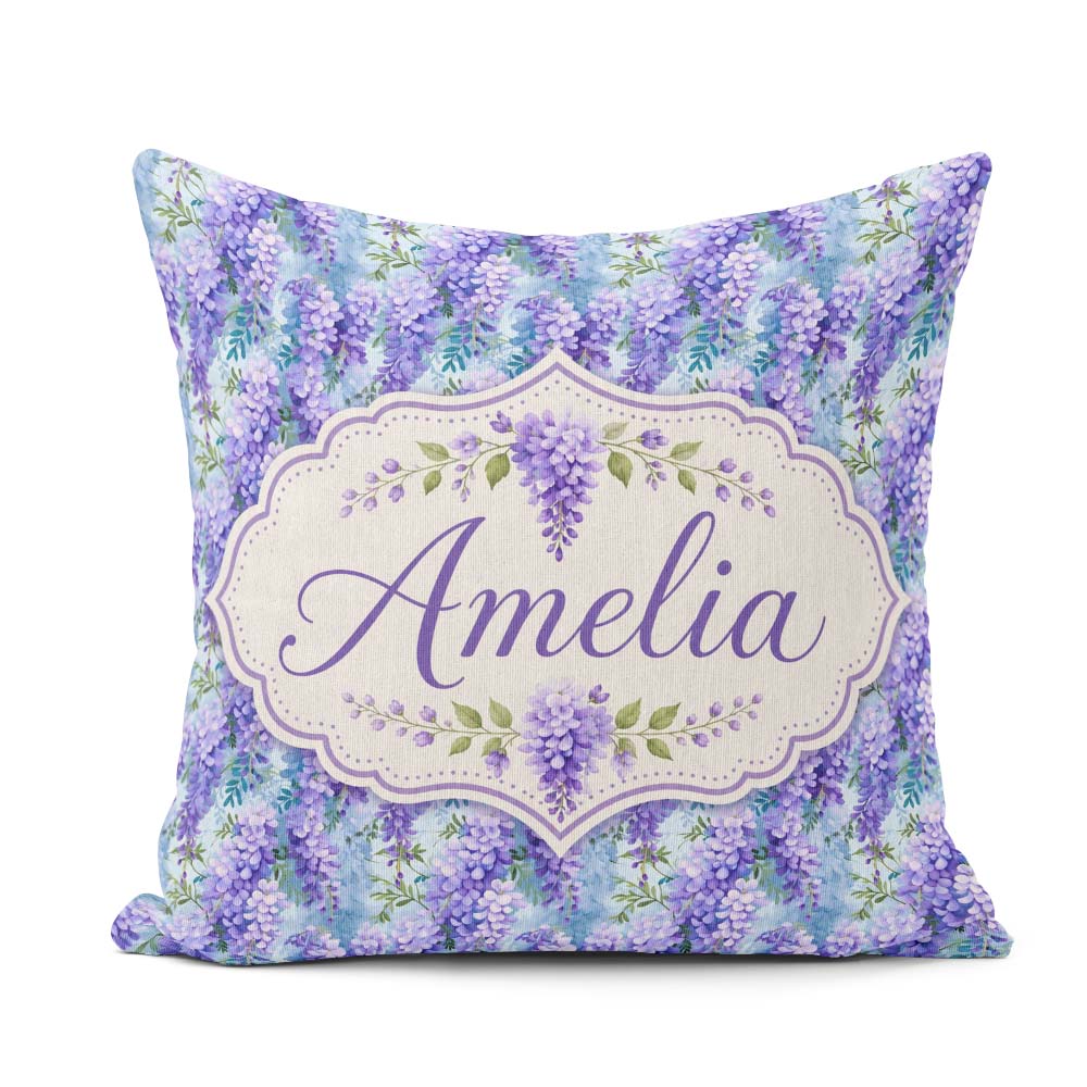 Custom Name Soft Blue Background Purple Wisteria Floral Blossoms Square Filled Cushion Throw Pillow Sofa Bed Home Decor Zip Washable UK Made