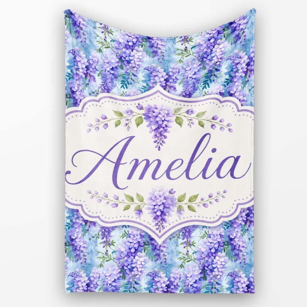 Soft Blue Background Purple Wisteria Floral Cascading Blossoms  Personalised Custom Name Super Soft Fleece Blanket Bed Sofa Throw