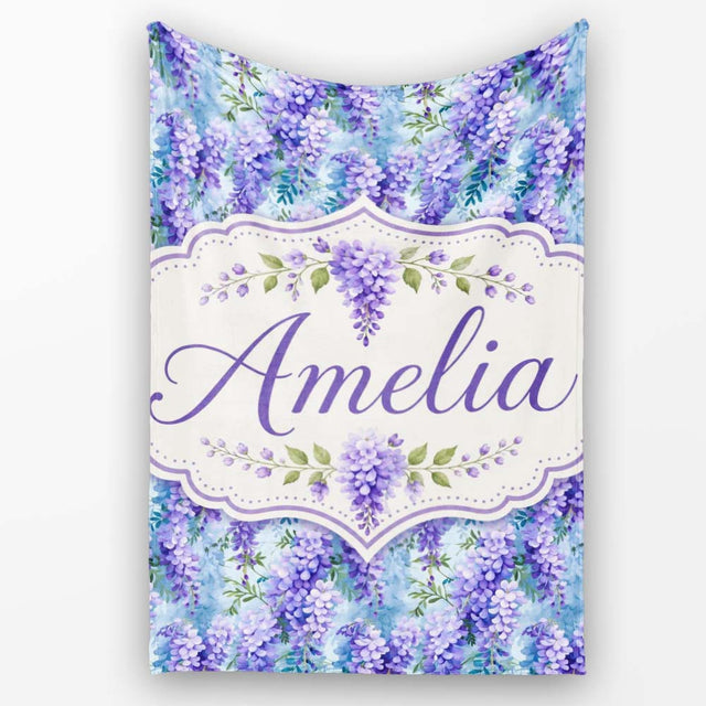 Soft Blue Background Purple Wisteria Floral Cascading Blossoms  Personalised Custom Name Super Soft Fleece Blanket Bed Sofa Throw