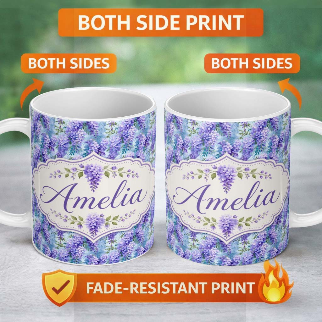 Personalized Custom Name Soft Blue Background Purple Wisteria Floral Cascading Blossoms 11oz Ceramic Coffee Tea Mug White Large Handle