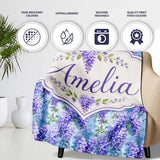 Soft Blue Background Purple Wisteria Floral Cascading Blossoms  Personalised Custom Name Super Soft Fleece Blanket Bed Sofa Throw