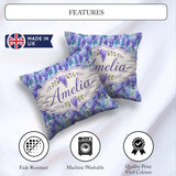 Custom Name Soft Blue Background Purple Wisteria Floral Blossoms Square Filled Cushion Throw Pillow Sofa Bed Home Decor Zip Washable UK Made