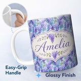 Personalized Custom Name Soft Blue Background Purple Wisteria Floral Cascading Blossoms 11oz Ceramic Coffee Tea Mug White Large Handle