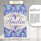 Soft Blue Background Purple Wisteria Floral Cascading Blossoms  Personalised Custom Name Super Soft Fleece Blanket Bed Sofa Throw
