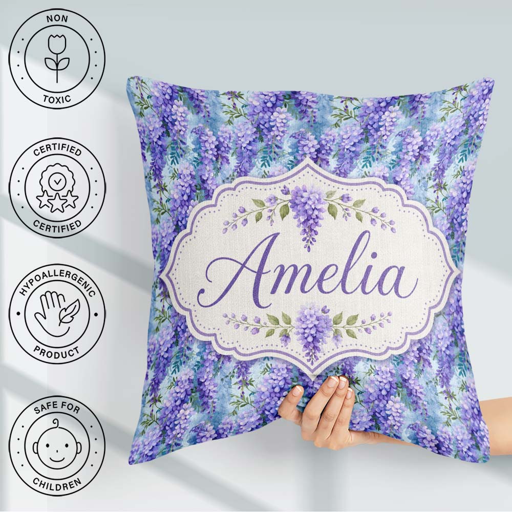 Custom Name Soft Blue Background Purple Wisteria Floral Blossoms Square Filled Cushion Throw Pillow Sofa Bed Home Decor Zip Washable UK Made